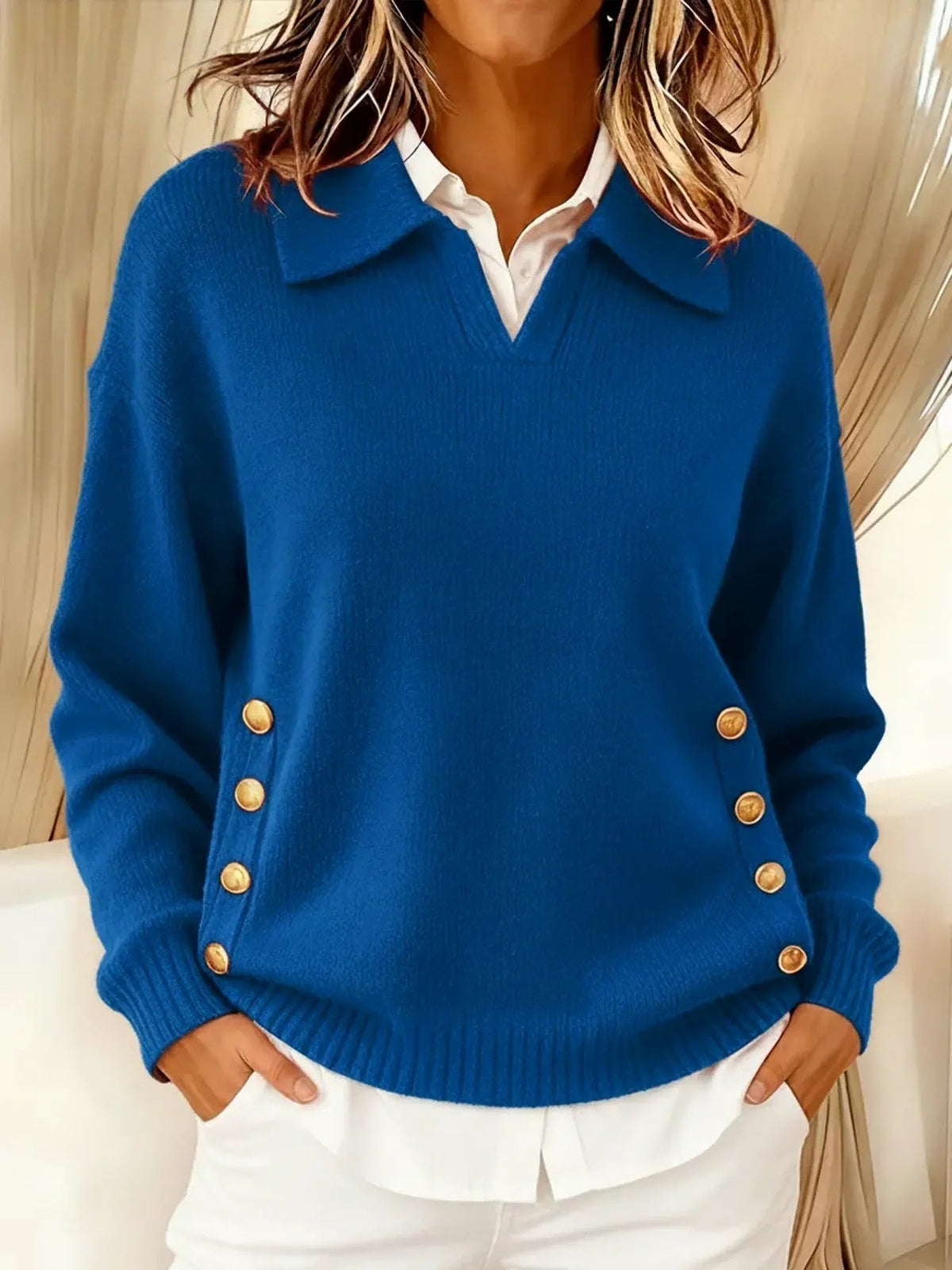 Vynette | Gold-Button V-Neck Sweater